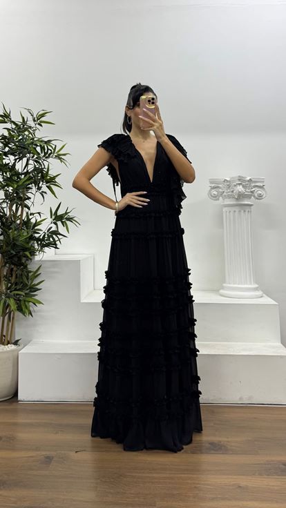Black Layered Ruffle Special Design Chiffon Evening Dress